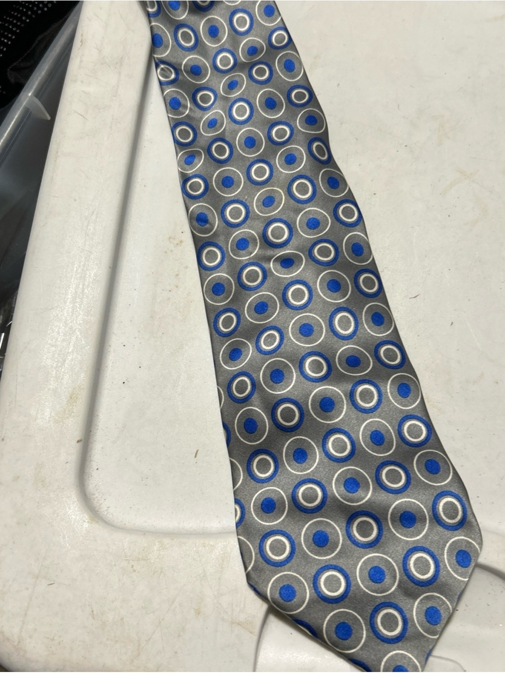 Men’s Silver Gray Tie with Blue Dot Medallion Pattern